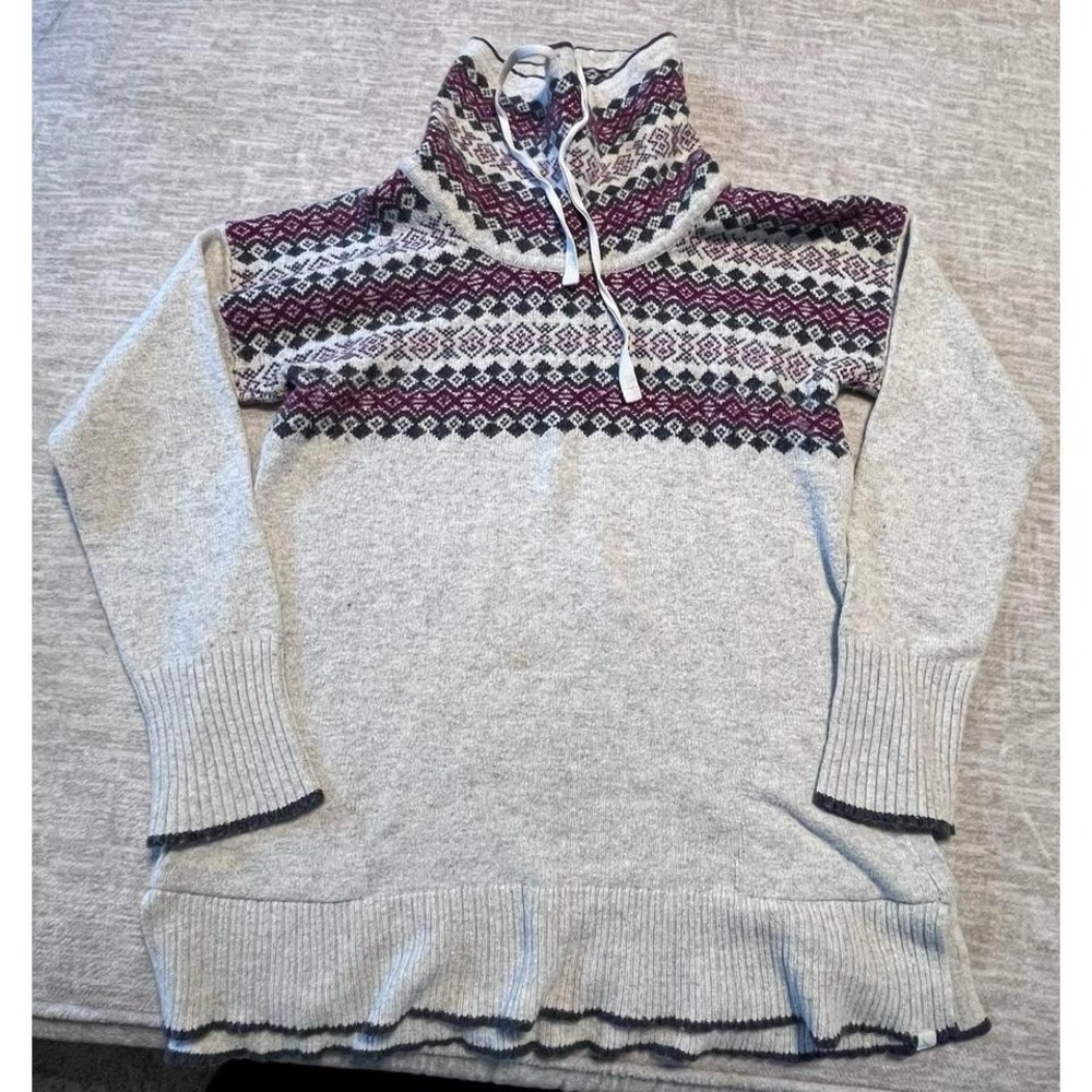Eddie Bauer Women's Small Fair Isle Knit Sweater Pullover Gray Maroon Wool Blend